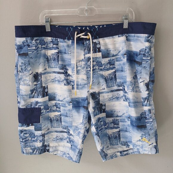 Tommy Bahama Men's Swim Trunks Blue White Beach Drawstring Size XL - Picture 1 of 15